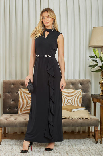 ONE UP - Vestido Crepe Cinto Cristal Preto